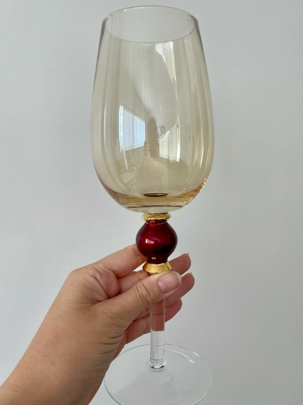 Pair of Pier 1 Amber Luster Red Ball Water Goblet Stem Wine Glass Handblown